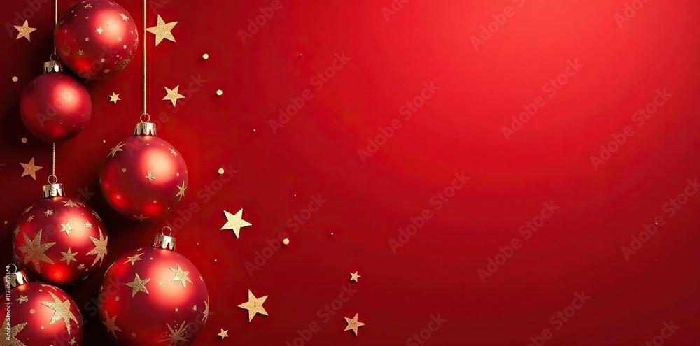 Red background with scattered golden stars and Christmas balls in different sizes, , golden Red background with scattered golden stars and Christmas balls in different sizes, , golden