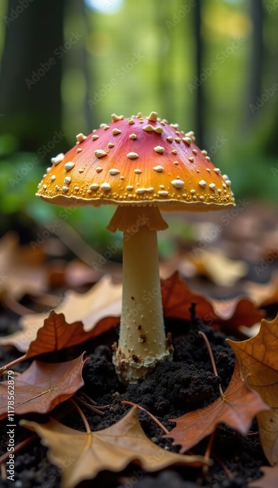 Mushroom growth amidst fallen leaves and twigs, forest, seasonal change Mushroom growth amidst fallen leaves and twigs, forest, seasonal change