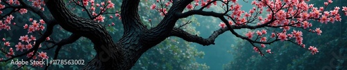 Dark and twisted tree branches with blooming vines, blooming, untamed photo