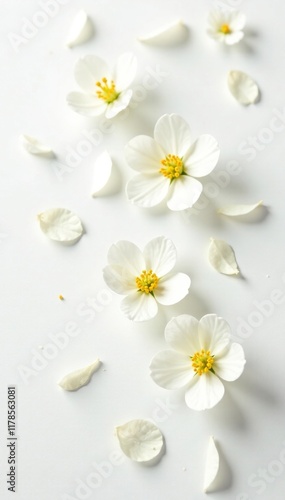 Delicate white petals of Osmanthus flowers scattered on a pristine white background, peaceful, nature, isolation