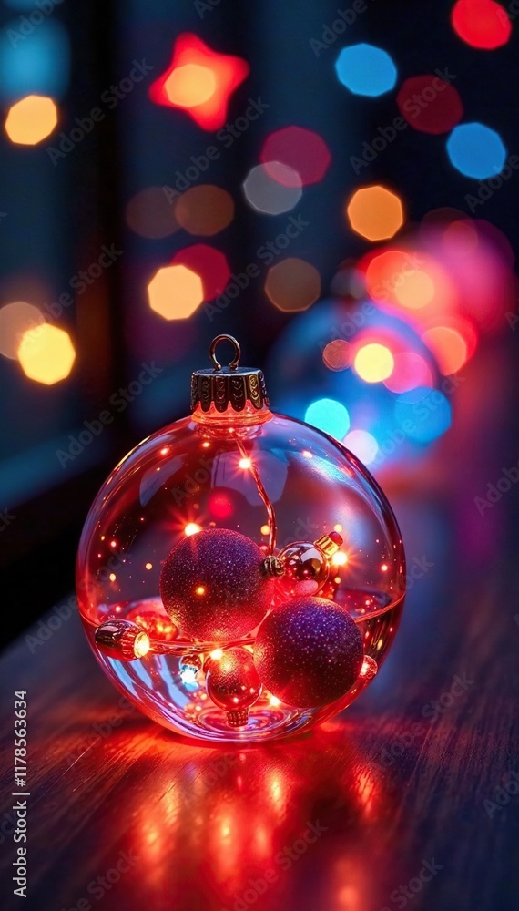 Fototapeta premium Glass bauble with colorful bokeh lights in a vase, glass ornaments, festive centerpieces