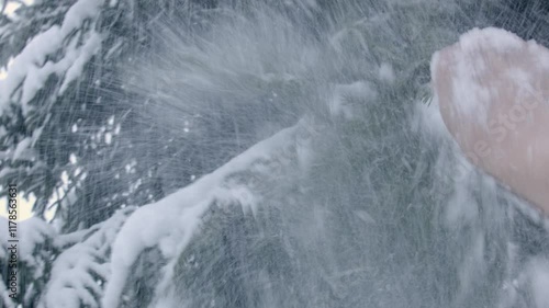a bare hand shaking an ever green branch to remove heavy snow