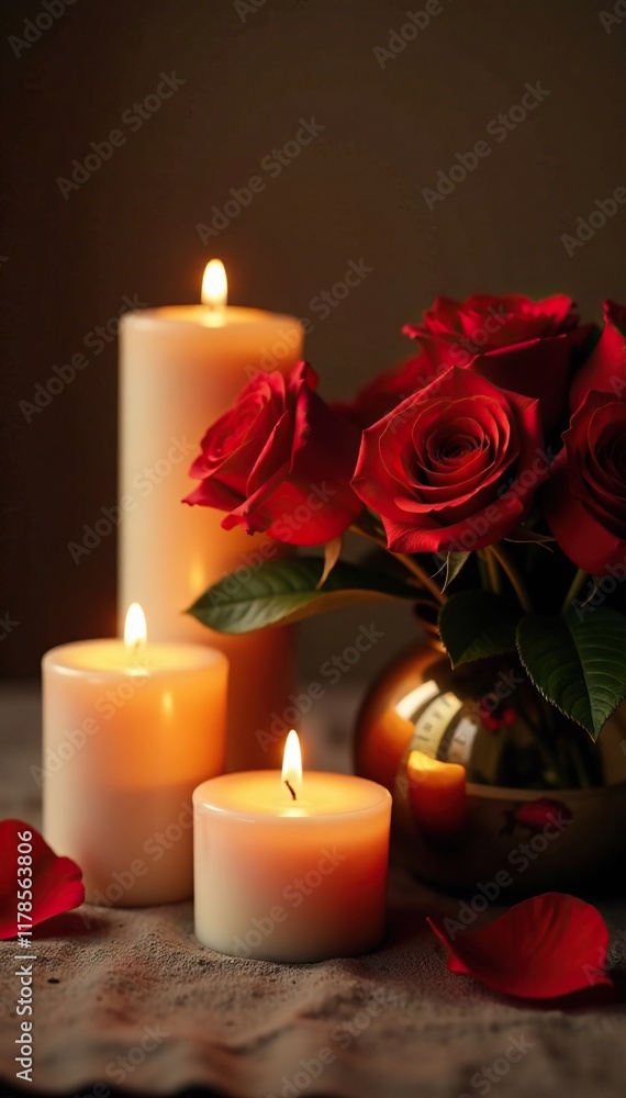 Softly glowing candles surround a lush red rose bouquet, decor, warm Softly glowing candles surround a lush red rose bouquet, decor, warm