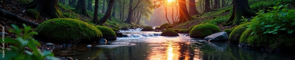 A mountain stream flowing through a serene forest at dawn, ripples, landscape A mountain stream flowing through a serene forest at dawn, ripples, landscape