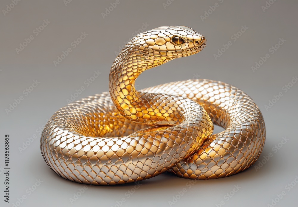 Fototapeta premium Elegant golden snake sculpture with intricate scales and striking posture, showcasing the beauty of reptilian forms in a sophisticated setting