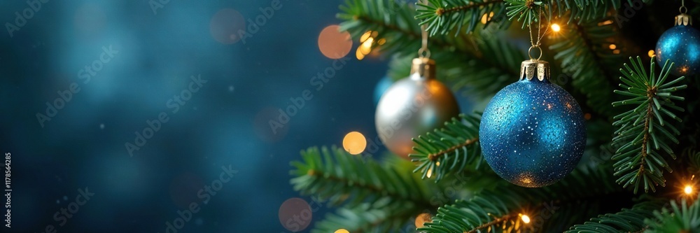 Blue and gold frosted glass ornaments on a Christmas tree, christmas tree decorations, blue and gold ornaments Blue and gold frosted glass ornaments on a Christmas tree, christmas tree decorations, blue and gold ornaments