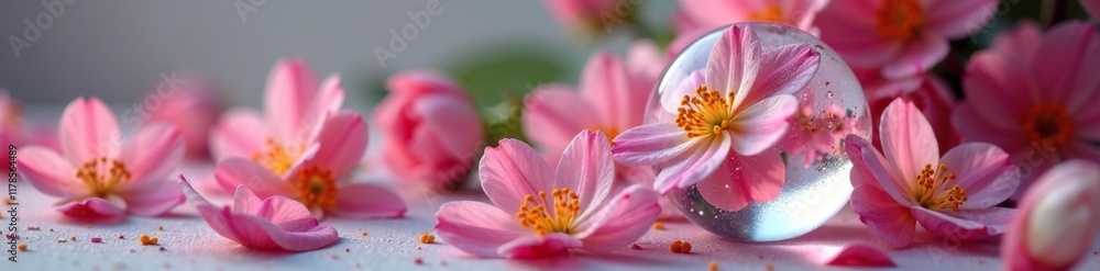 Delicate flower petals unfolding on a glass ball, glass ornament, pretty flowers Delicate flower petals unfolding on a glass ball, glass ornament, pretty flowers