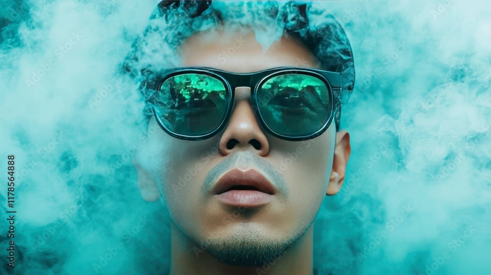 Naklejka premium Mysterious Man Surrounded by Teal Smoke, Wearing Sunglasses