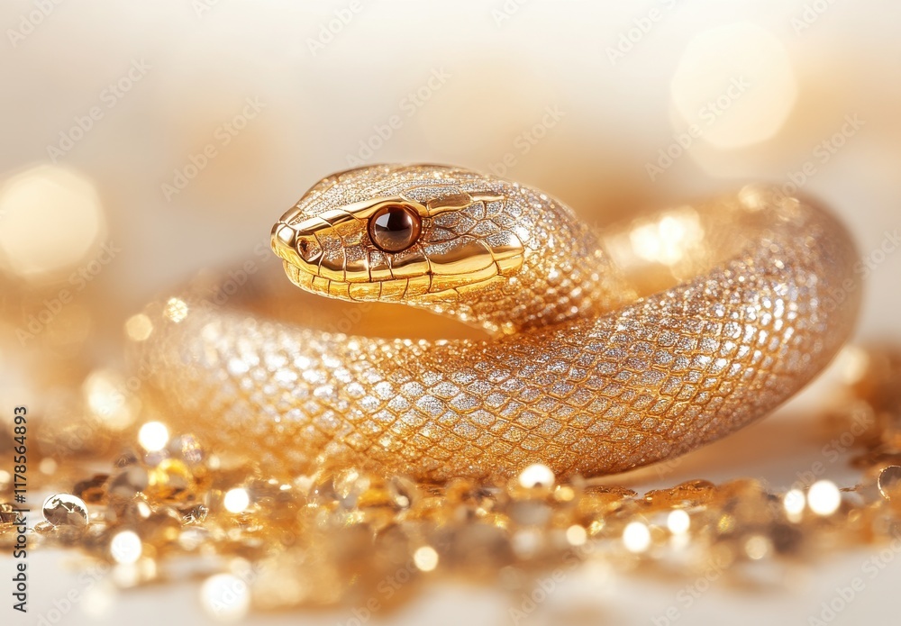 Glimmering Golden Snake Surrounded by Sparkling Gems and Shimmering Lights, Perfectly Capturing the Essence of Luxury and Beauty in Nature Glimmering Golden Snake Surrounded by Sparkling Gems and Shimmering Lights, Perfectly Capturing the Essence of Luxury and Beauty in Nature