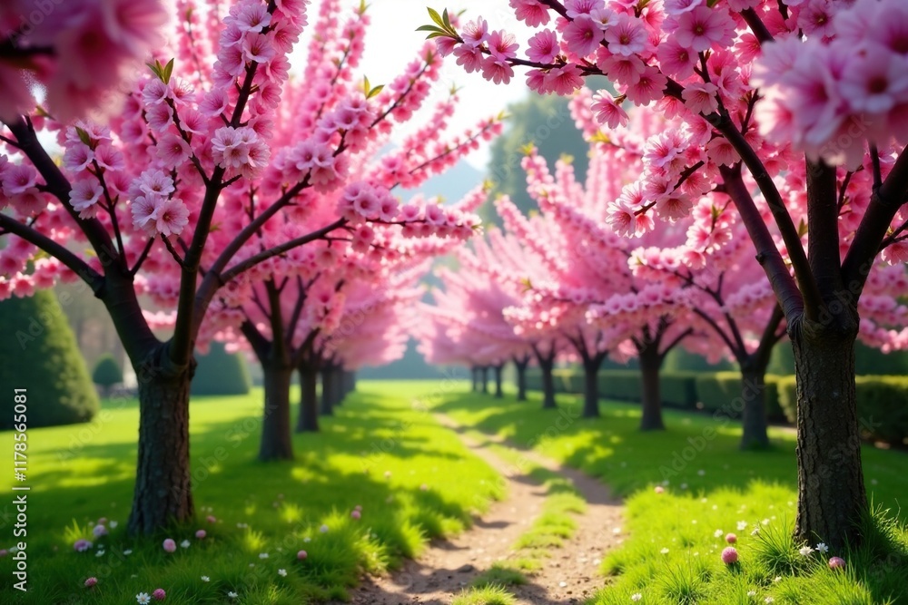 Naklejka premium Pink blossoms on almond trees in spring garden, flowers, pink, greenery
