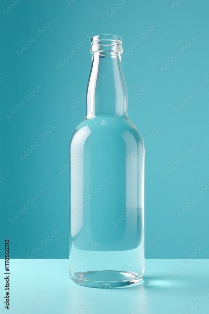 Softly lit empty glass bottle on light blue background, glass, peaceful Softly lit empty glass bottle on light blue background, glass, peaceful