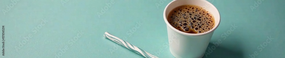 Obraz premium A paper cup filled with cold coffee and a striped straw lying on the surface, straw, surface, coffee