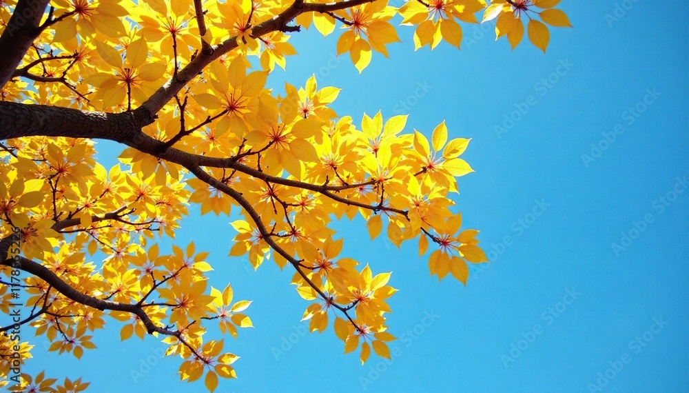 Ancient Ginkgo tree branches spread against a clear blue sky, yellow leaves, peaceful, calm Ancient Ginkgo tree branches spread against a clear blue sky, yellow leaves, peaceful, calm
