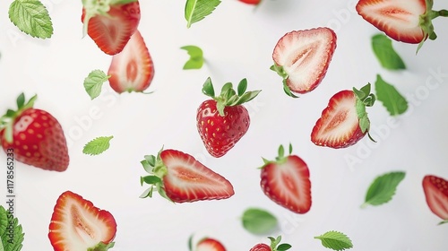 Strawberries and Half Slices Floating with Green Leaves Isolated on White Background