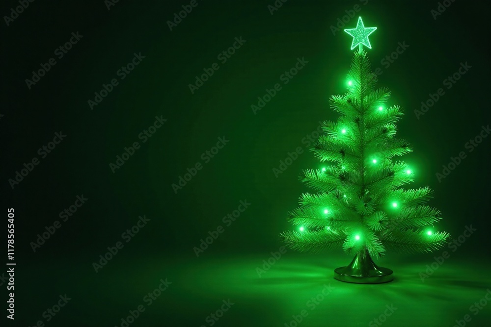 Glowing green tree lights shine on dark space, festive atmosphere, christmas, holiday decor Glowing green tree lights shine on dark space, festive atmosphere, christmas, holiday decor
