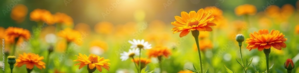Marigolds and daisies in a wildflower meadow with a warm light effect, daisies, petals Marigolds and daisies in a wildflower meadow with a warm light effect, daisies, petals