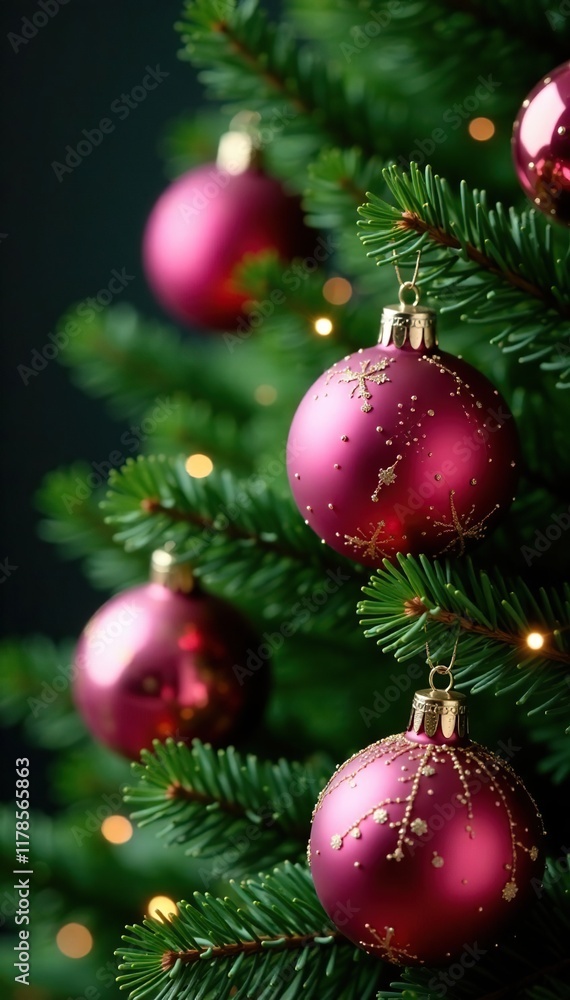 Pink and gold metallic ball ornaments on a lush evergreen tree, ornaments, ball, metallic Pink and gold metallic ball ornaments on a lush evergreen tree, ornaments, ball, metallic