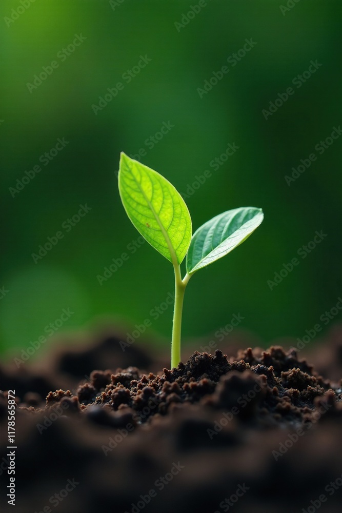 Fototapeta premium Small green shoot breaks through soil surface, greenery, minimalism