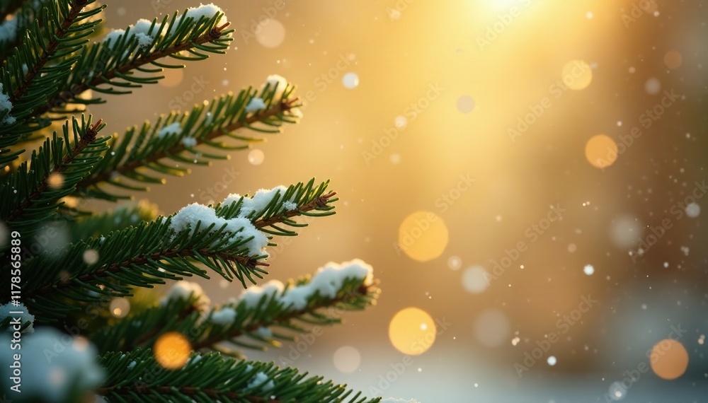 snowflakes gently fall on pine branches amidst golden velvet background, flakes, Christmas snowflakes gently fall on pine branches amidst golden velvet background, flakes, Christmas