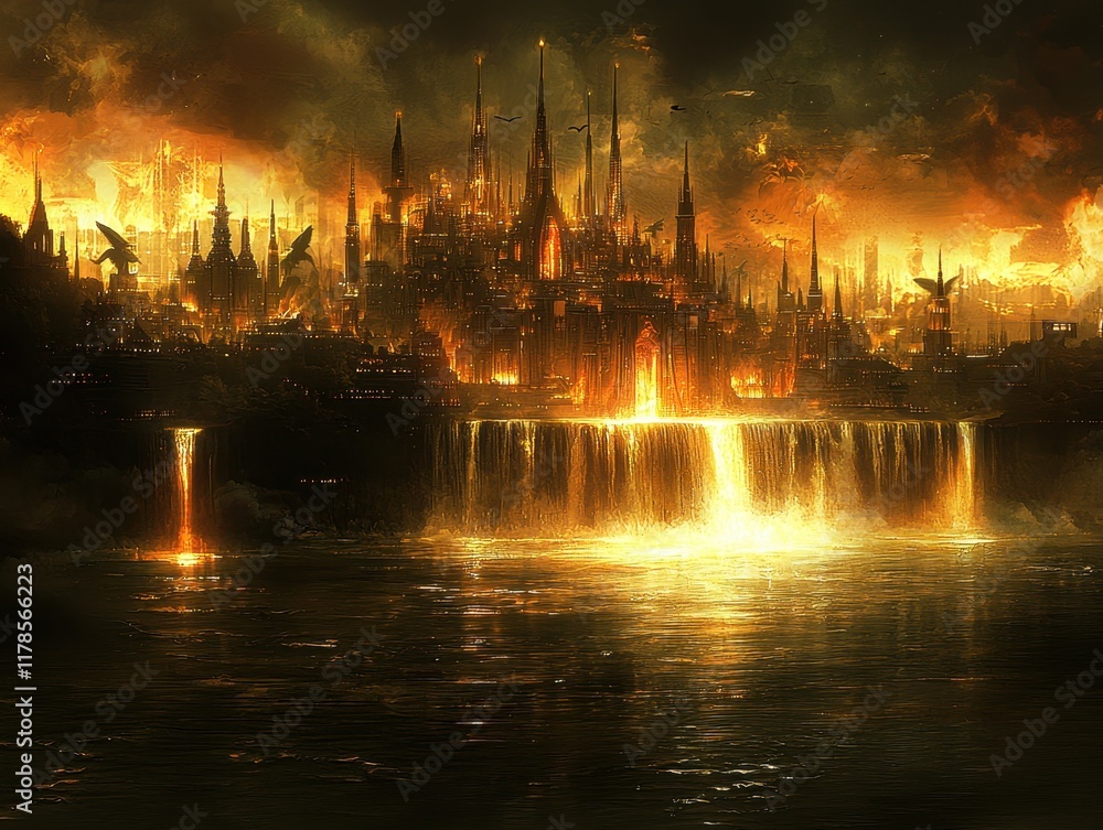 Fototapeta premium A floating fortress built entirely of glowing crystal, surrounded by radiant waterfalls that cascade into a misty abyss. Ethereal guardians with shimmering wings hover protectively around the 