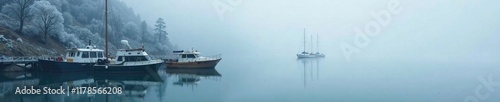 Frosty mist rising from the boats in the quiet harbor, tranquil, fog, cold
