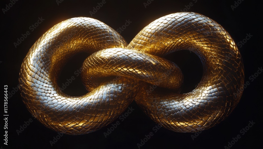 Fototapeta premium Intricate Gold Loop Design Symbolizing Infinity with Textured Surface in Elegant Lighting on Black Background for Creative Concepts