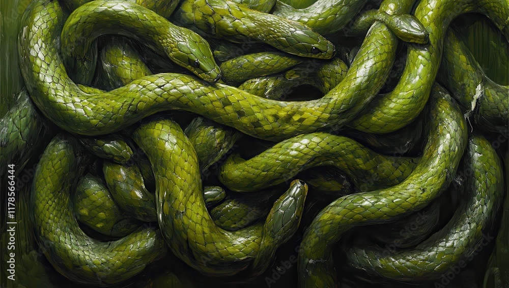 Obraz premium Intricate Dance of Green Snakes Intertwined in a Lush Jungle Setting Capturing the Beauty and Mystery of Nature's Serpents