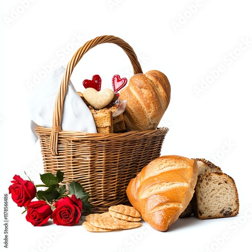 A wicker basket filled with various breads, cookies, and roses, exuding warmth and romance.