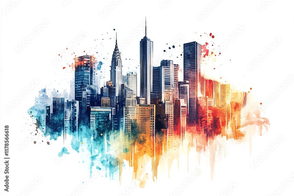 Obraz premium Artistic watercolor depiction of a modern city skyline with skyscrapers and colorful splashes, creating a vibrant urban scene.