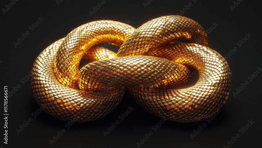 Fototapeta premium Intricate Knot of a Shiny Gold-Colored 3D Snake Sculpture with Textured Surface Against a Dark Background for Decorative and Artistic Use