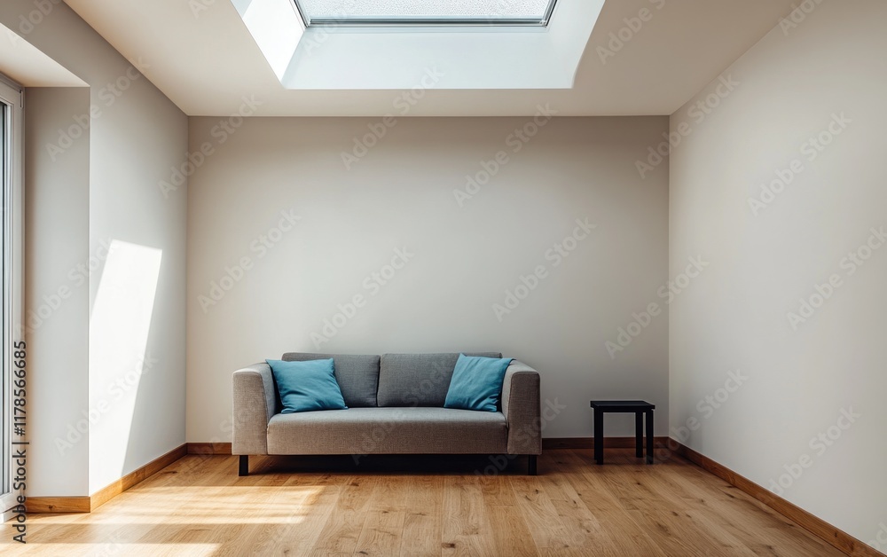 Fototapeta premium Modern minimalist living room with gray sofa, skylight, and hardwood floor.
