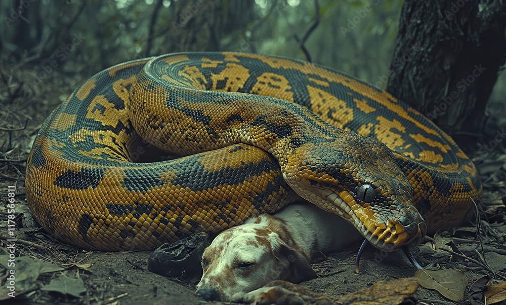 Fototapeta premium Large Colorful Snake Coils Comfortably Around Sleeping Dog in Serene Forest Environment, Capturing a Unique Moment of Nature's Intriguing Dynamics and Wildlife Interaction