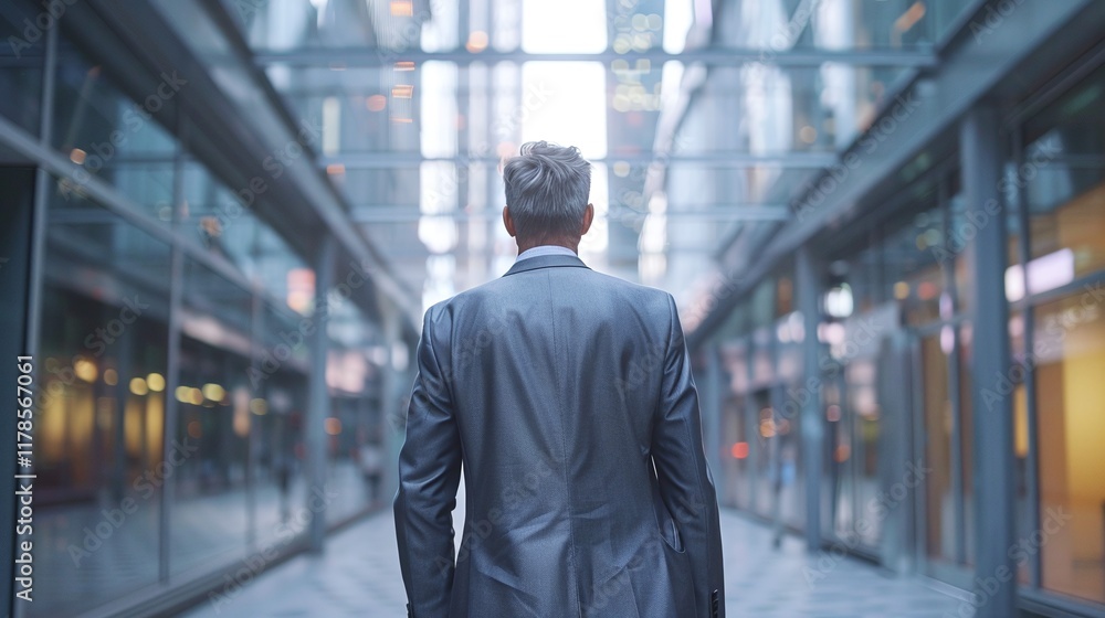 Fototapeta premium Businessman in a suit walking alone through a glass corridor of a modern office building reflecting city life and corporate culture
