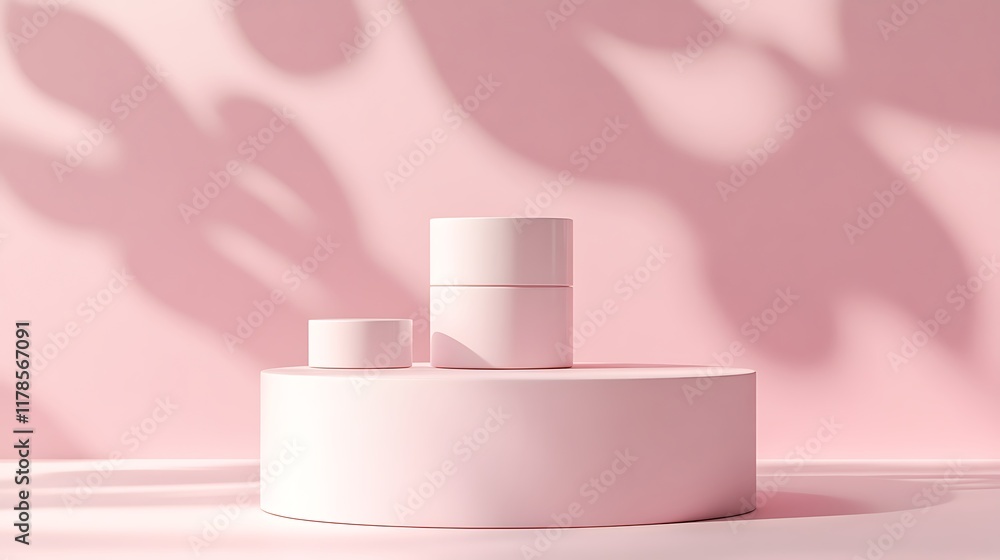 Two cylindrical containers on a pink platform, illuminated by soft sunlight casting leaf shadows on a pink background. Two cylindrical containers on a pink platform, illuminated by soft sunlight casting leaf shadows on a pink background.