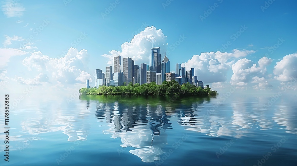 Fototapeta premium Futuristic floating island city with towering skyscrapers and modern architecture reflecting in the calm tranquil waters under a cloudy blue sky Conceptual minimalist landscape showcasing an urban