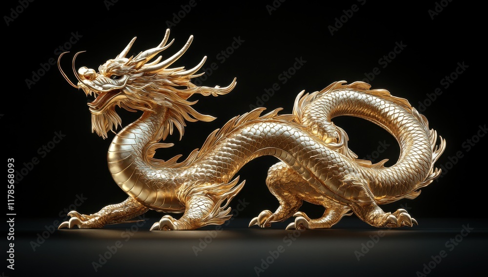 Fototapeta premium Majestic Golden Dragon Sculpture with Intricate Detailing, Symbolizing Strength and Power, Set Against a Dark Background for Dramatic Effect