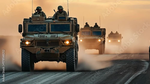 Military Vehicles Navigating Through Dusty Terrain During Sunset Operations in Conflict Zones
