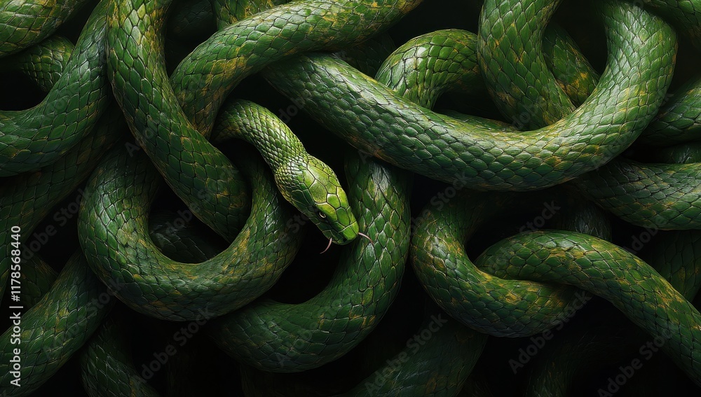 Obraz premium Majestic Green Snake Twisting Among Lush Forest Foliage, Showcasing Intricate Scales and Vibrant Coloration in a Captivating Natural Setting