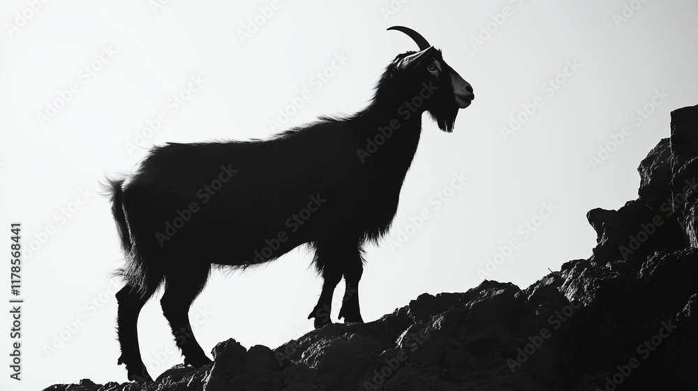 Black and White of a goat climbing, its silhouette against a rugged landscape Black and White of a goat climbing, its silhouette against a rugged landscape