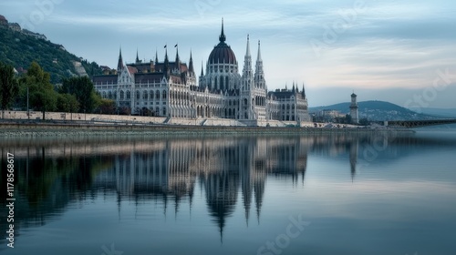 Serene evening reflection of hungarian parliament on the danube a stunning architectural view of historical beauty photo