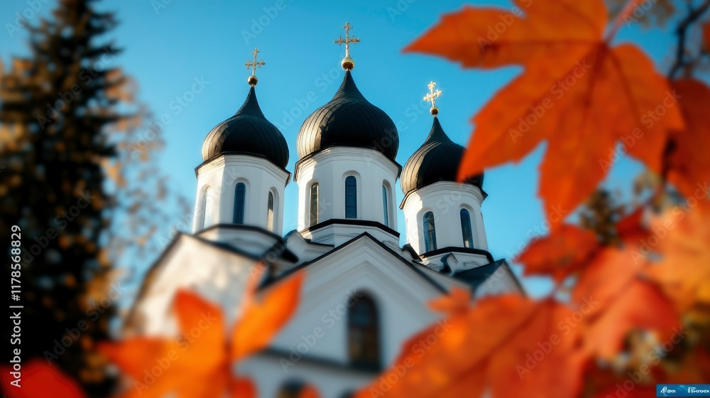 Fototapeta premium Autumn Leaves Frame Orthodox Church Domes