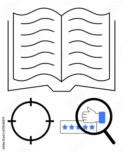 Open book with lined pages next to magnifying glass, rating scale featuring stars, and target icon. Ideal for research, feedback, education, analysis, review evaluation learning. Line metaphor