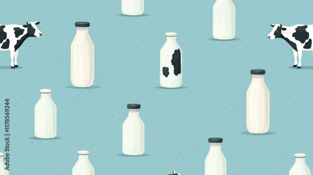 A minimalist pattern of simple, cute cow illustrations paired with stylized milk cartons A minimalist pattern of simple, cute cow illustrations paired with stylized milk cartons