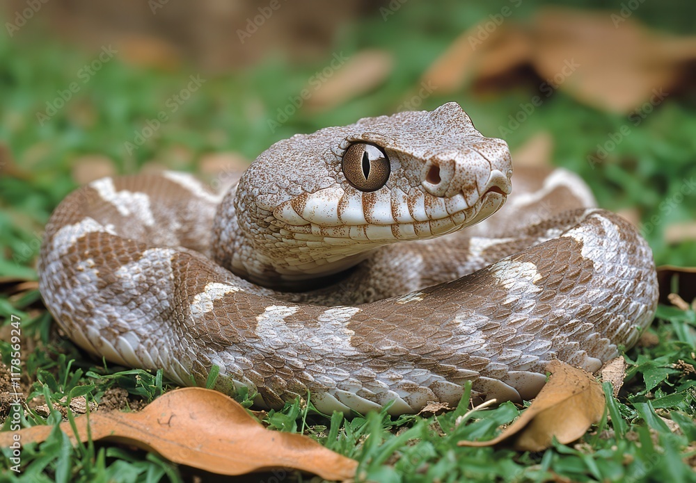 Obraz premium Serene Close-up of a Brown and White Scaled Snake Lying on Lush Green Grass Surrounded by Autumn Leaves in a Natural Habitat