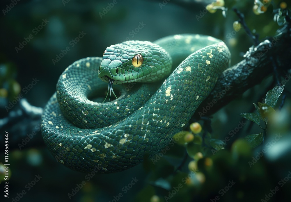 Fototapeta premium Serene Green Snake Coiled on Branch Surrounded by Lush Foliage in Soft Natural Light Capturing the Beauty of Wildlife and Nature's Intricacies