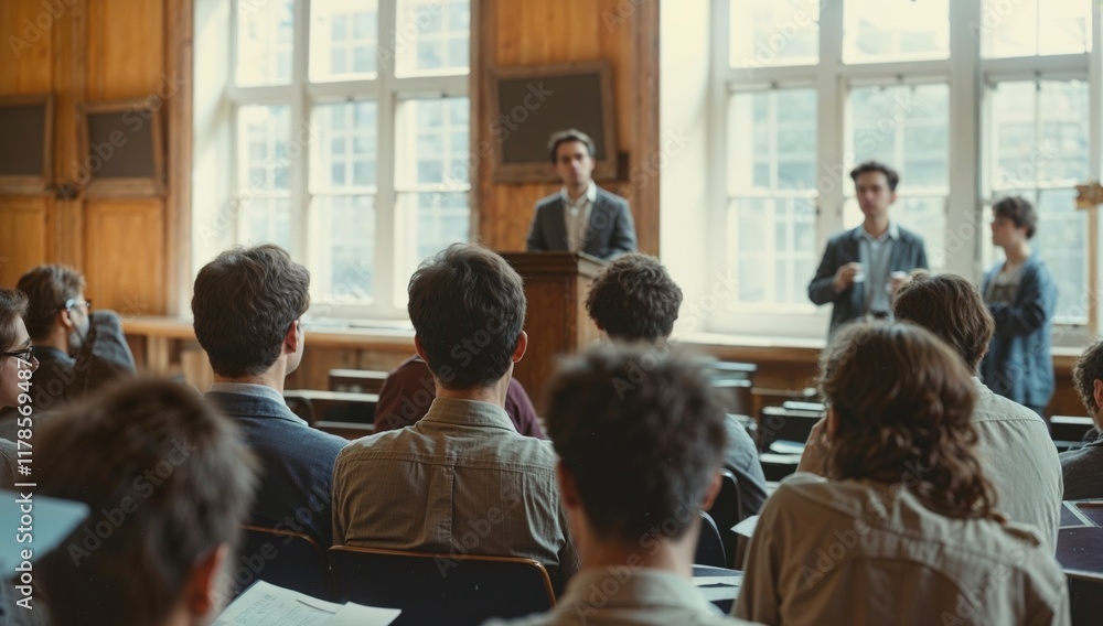 Obraz premium Speaker giving presentation in hall at university workshop in front of audience or conference hall. Rear view of participants with softly blurred presenter. Scientific conference event, training