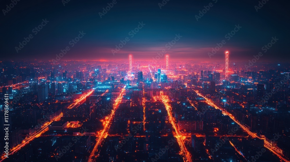 Fototapeta premium A vibrant city skyline illuminated at night with glowing streets and towering buildings.