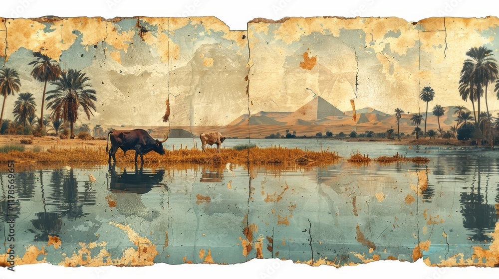 Naklejka premium Aged Painting of Egyptian Landscape with Pyramid 