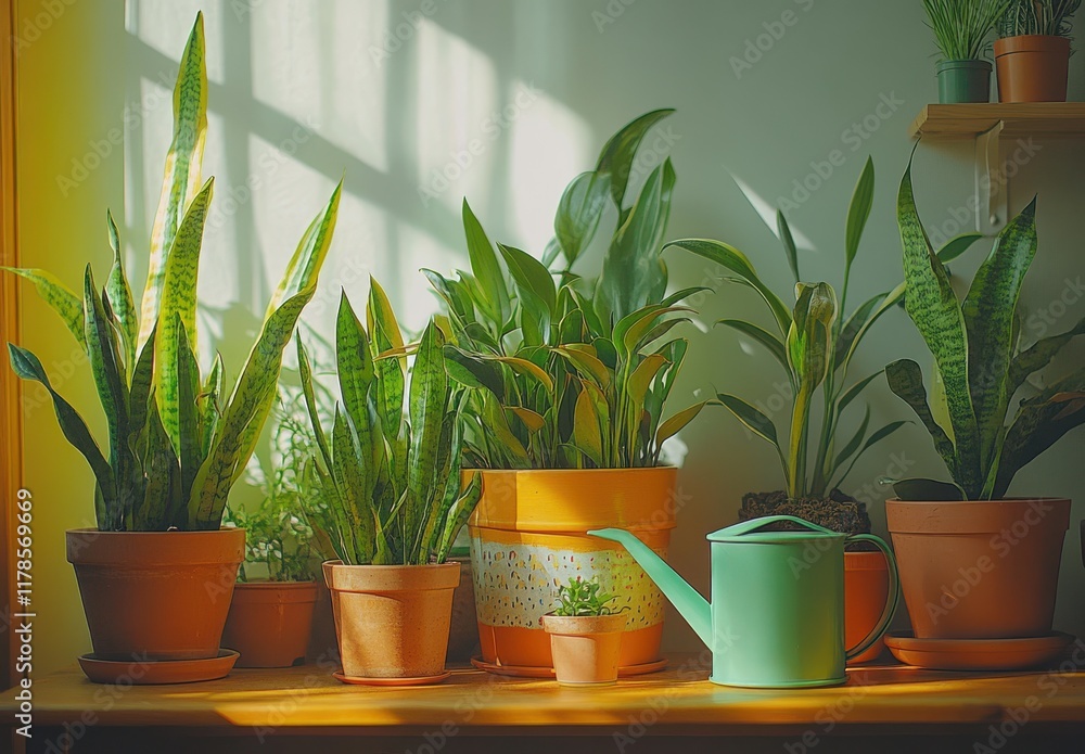 Serene Indoor Garden with a Variety of Green Plants in Terracotta Pots and a Soft Green Watering Can Bathed in Natural Light and Shadows Serene Indoor Garden with a Variety of Green Plants in Terracotta Pots and a Soft Green Watering Can Bathed in Natural Light and Shadows