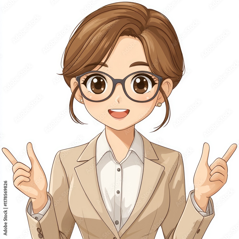 Smiling Businesswoman in Stylish Suit, Anime Style Smiling Businesswoman in Stylish Suit, Anime Style